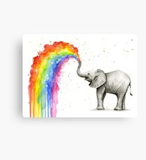 Baby Elephant Spraying Rainbow Canvas Print