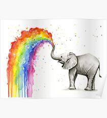 Baby Elephant Spraying Rainbow Poster