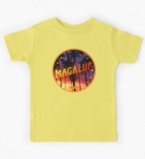 Magaluf, Magaluf poster, tshirt, Spain, with palmtrees, orange bg Kids Tee