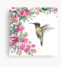 Hummingbird and Flowers Watercolor Canvas Print