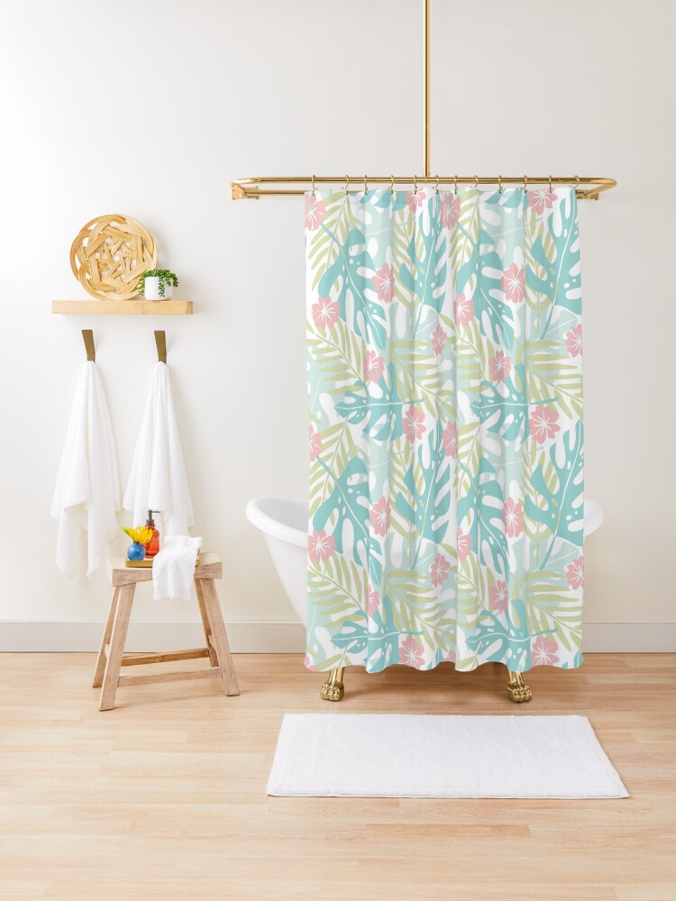 80s Pastel Paradise Tropical Leaves And Flowers Shower Curtain By