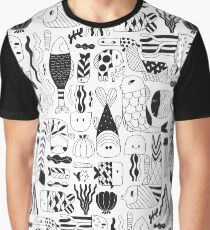 Doodle black & white funny fish pattern Graphic T-Shirt
