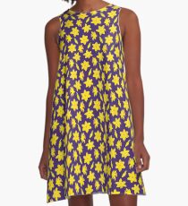 Yellow Daffodils on Dark Blue Background A-Line Dress
