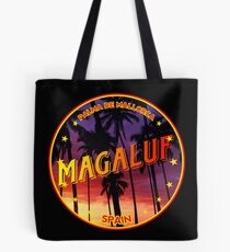 Magaluf, Magaluf tshirt, Magaluf sticker, Spain, with palmtrees, black bg Tote Bag