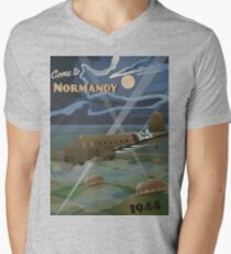 Normandie 1944 "D-Day Reise Poster" T-Shirt mit V-Ausschnitt