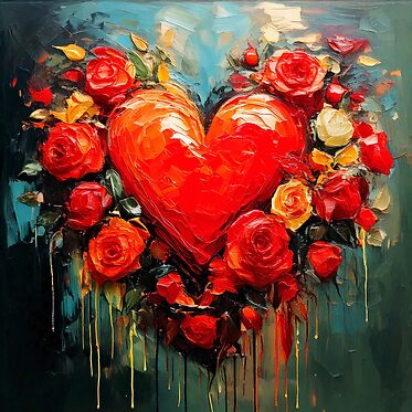 Oil painting artwork with roses and heart