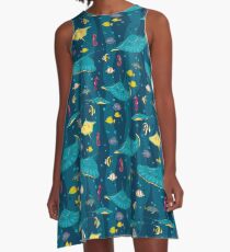 Decorative seamless pattern with sea fish on blue background. A-Line Dress