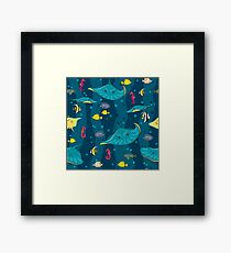 Decorative seamless pattern with sea fish on blue background. Framed Print