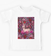 PINK UNICORN AMONG FLOWERS Red Pink Purple Medieval Floral Motifs Kids Tee