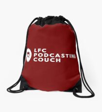 LFC Podcasting Couch Logo - Classic White on Dark Red Drawstring Bag