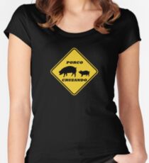 Porco Cruzando Pig Crossing Funny Portuguese Road Sign Women's Fitted Scoop T-Shirt