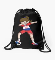 Croatia Dabbing Soccer Girl With Soccer Ball And National Team Flag Football Fan Design Drawstring Bag