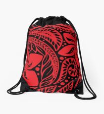 Circular Polynesian Tribal Red Black Floral Tattoo Drawstring Bag
