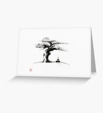 A monk meditating under an old tree in the moonlight Japanese Zen Sumi-e painting art print Greeting Card