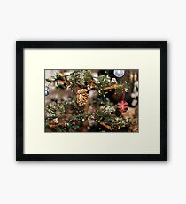 close up Golden bump on the New Year tree branch in selective focus. Framed Print