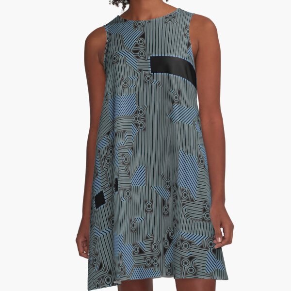 Blue Glow Circuit Board A-Line Dress