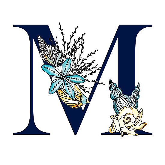 "Letter M  Navy uppercase Alphabet, sea life, seashells, ocean