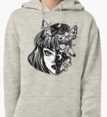 Portrait of the magic surreal witch girl with a head as night sky full of moth butterflies. Pullover Hoodie
