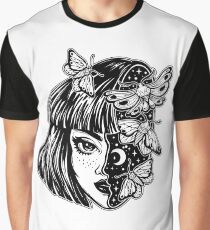 Portrait of the magic surreal witch girl with a head as night sky full of moth butterflies. Graphic T-Shirt