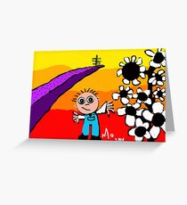 sunset on the horizon boy flowers tree Greeting Card