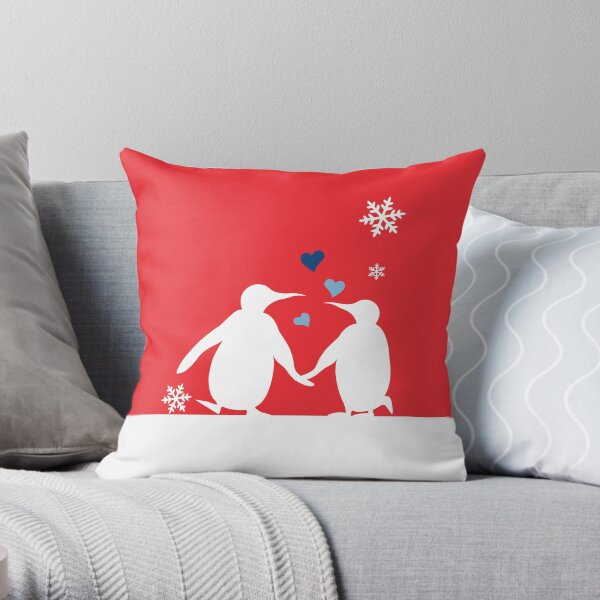 Penguin Couple Red Heart Love Snow Throw Pillow