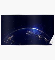 Planet earth with sunrise in space and city lights Poster