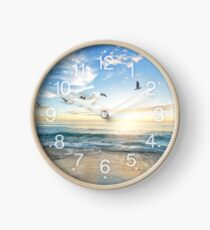 Sonniger ruhiger Strand mit den Vögeln, die auf weißen Sand fliegen Uhr