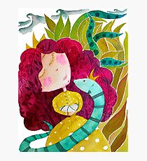 Cute cartoon girl - Egle queen with letter E, baby and snake Photographic Print