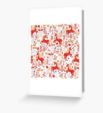 Red unicorns, gray rabbits, hummingbirds with ornaments, magic flowers and leaves. Decorative pattern in Scandinavian style. Greeting Card