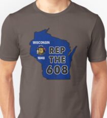 REP THE 608 - POPULAR DISTRESSED DESIGN WITH STATE FLAG AND AREA CODE 608 Unisex T-Shirt