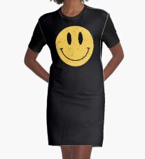 Smiley Face - Smiley Face Emoji- Distressed Vintage Style 90's - Acid House Graphic T-Shirt Dress