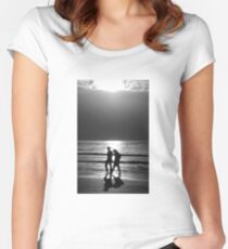 Couple walking along a beach at sunset. Black and white. Women's Fitted Scoop T-Shirt