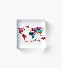 Watercolor Wanderlust World Map Acrylic Block