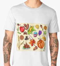 Thanksgiving day. Illustration with elements of thanksgiving celebration harvest and icons. Men's Premium T-Shirt