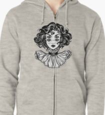 Gotisches Hexemädchen-Kopfporträt mit dem gelockten Haar und vier Augen. Hoodie mit Reißverschluss