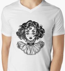 Gotisches Hexemädchen-Kopfporträt mit dem gelockten Haar und vier Augen. T-Shirt mit V-Ausschnitt für Männer