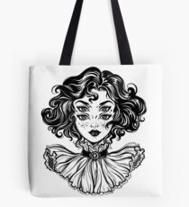 Gothic witch girl head portrait with curly hair and four eyes. Tote Bag