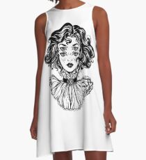 Gothic witch girl head portrait with curly hair and four eyes. A-Line Dress