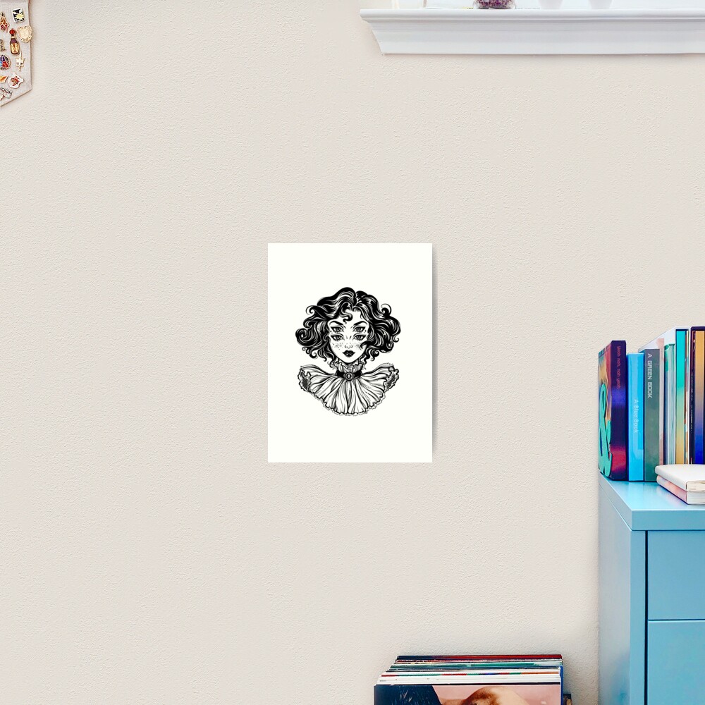 Gothic witch girl head portrait with curly hair and four eyes. Art Print
