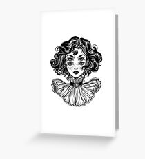 Gothic witch girl head portrait with curly hair and four eyes. Greeting Card