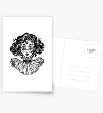 Gothic witch girl head portrait with curly hair and four eyes. Postcards