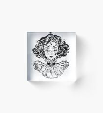 Gothic witch girl head portrait with curly hair and four eyes. Acrylic Block