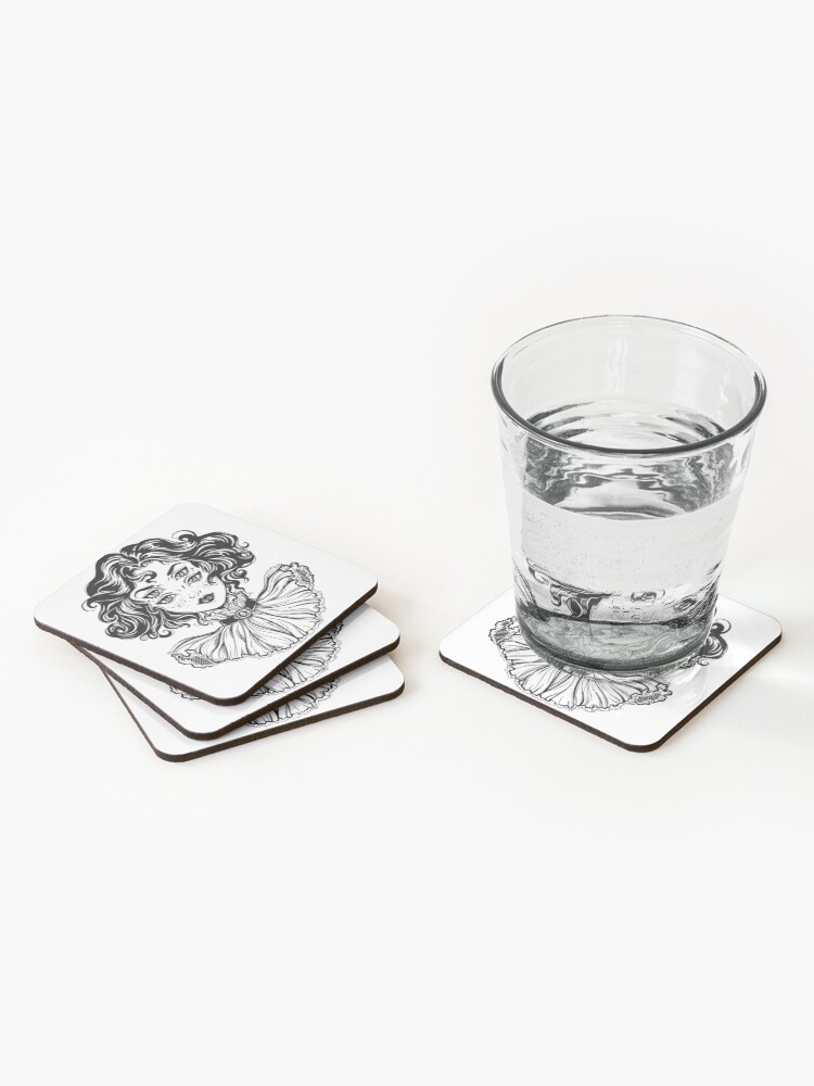 Alternate view of Gothic witch girl head portrait with curly hair and four eyes. Coasters (Set of 4)