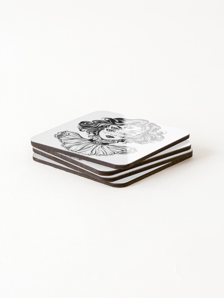 Alternate view of Gothic witch girl head portrait with curly hair and four eyes. Coasters (Set of 4)