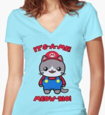 Funny Cute Cat Kawaii Mario Parody Women's Fitted V-Neck T-Shirt