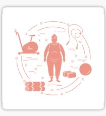 Fat woman and different sports equipment. Sticker