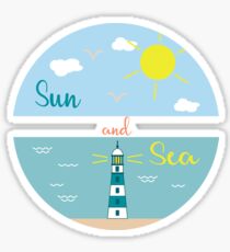 Sun, clouds, sea, beach, lighthouse. Sticker