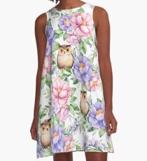 Watercolor hand painted pink lavender brown floral cute owl pattern A-Line Dress