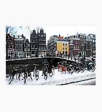 Bikes in the snow at Amsterdam Photographic Print