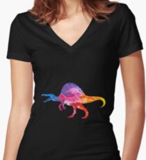 Colorful and Artistic Paint of Dinosaur Women's Fitted V-Neck T-Shirt
